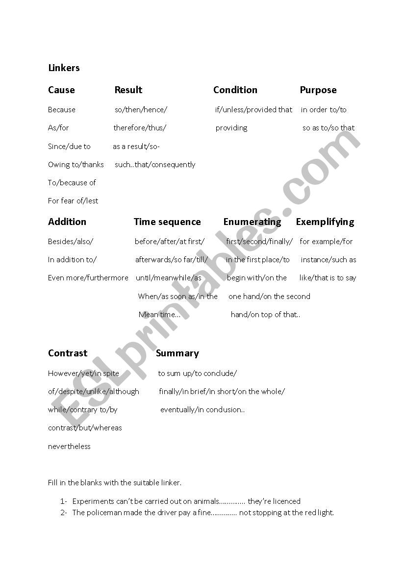 linkers worksheet