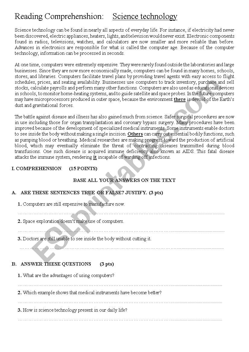 Science and Technology worksheet