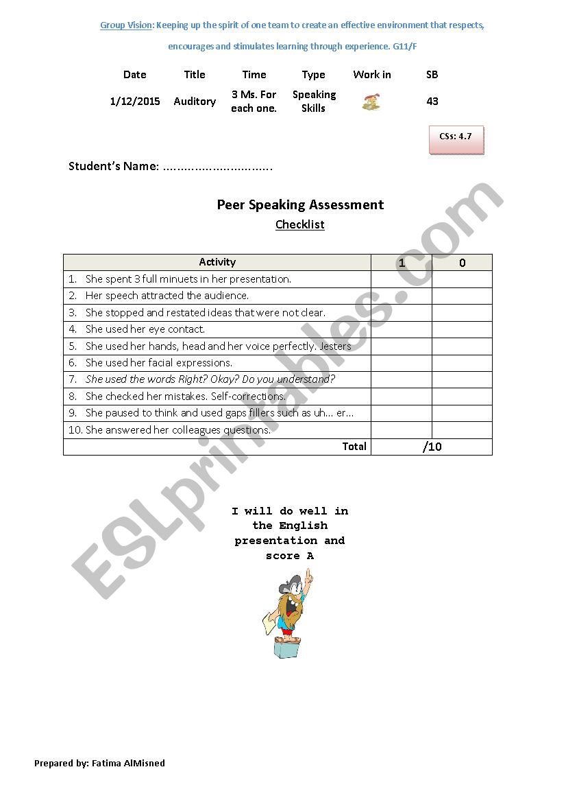 Peer Speaking assessment worksheet