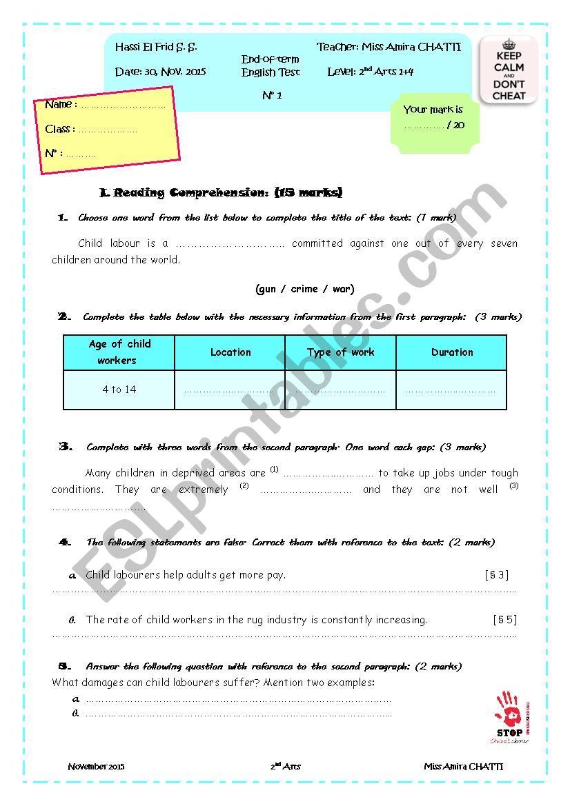 End-of-term 1 2nd Arts worksheet