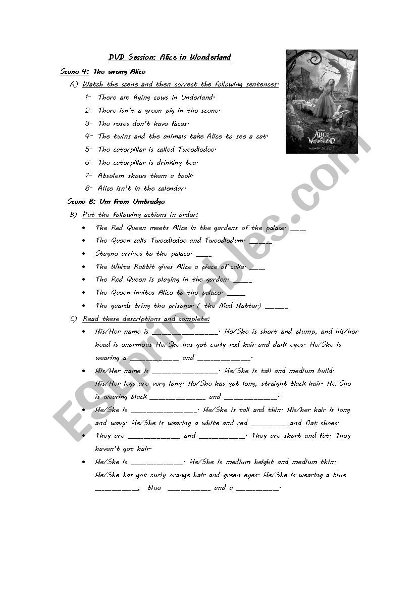 Alice in wonderland worksheet