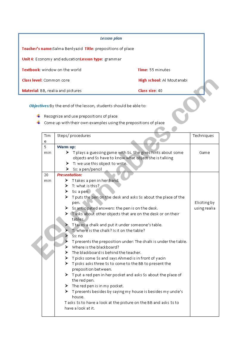 lesson plan prepositions of place