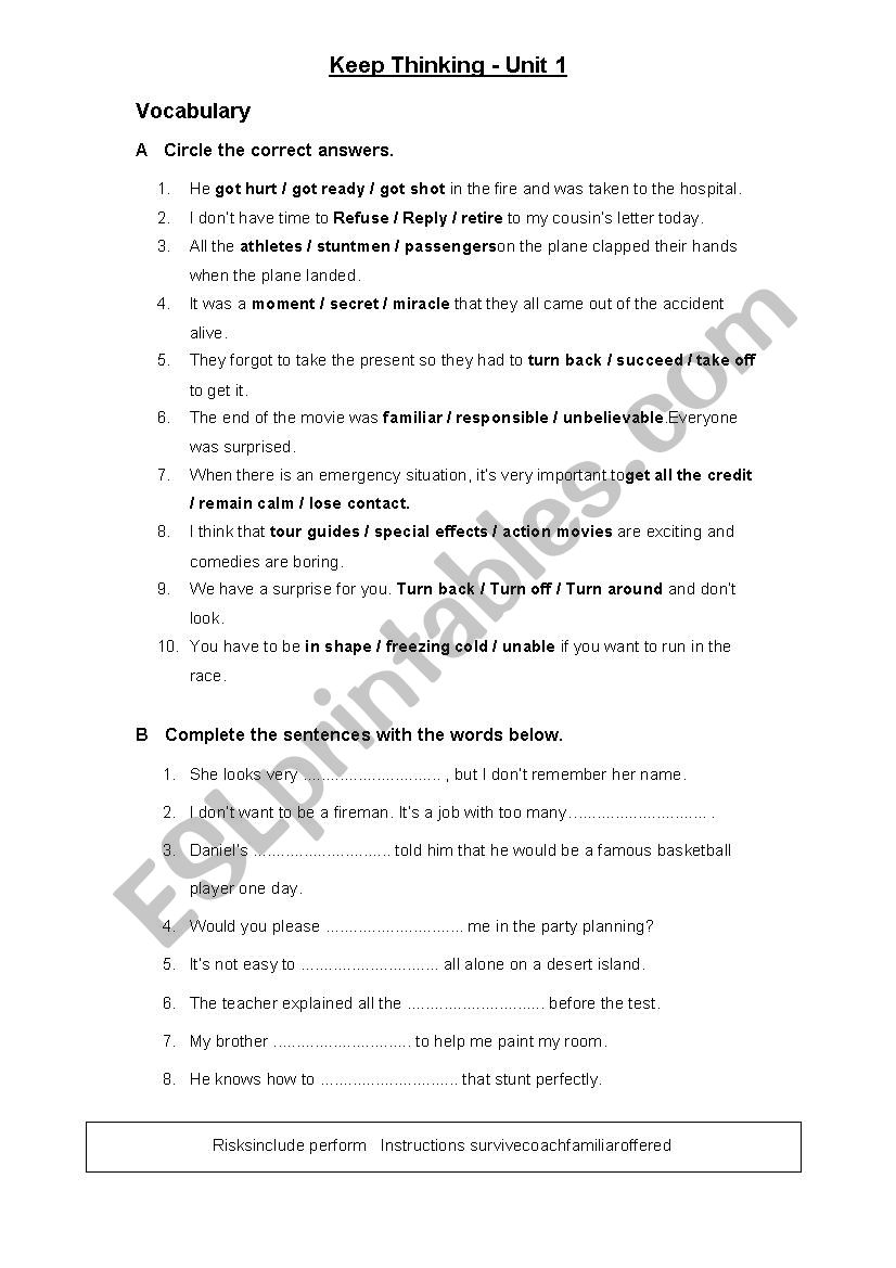 keep thinking worksheet unit 1