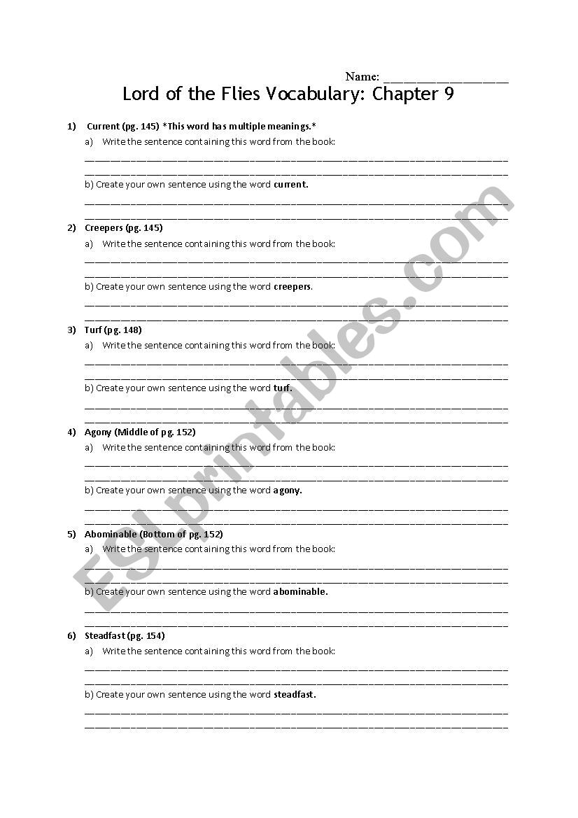 Lord of the Flies: Chapter 9 Vocabulary Worksheet