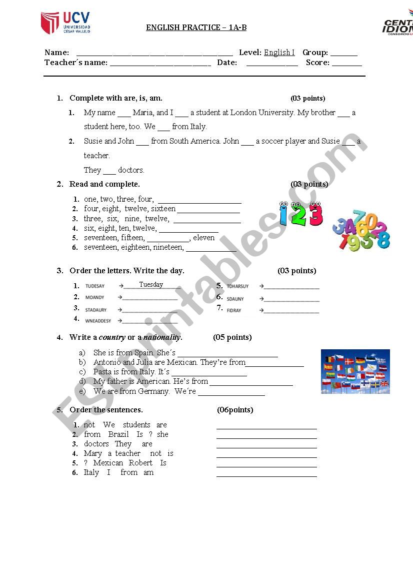 NUMBERS AND DAYS OF THE WEEK worksheet