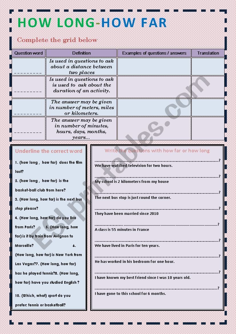 How long - How far worksheet