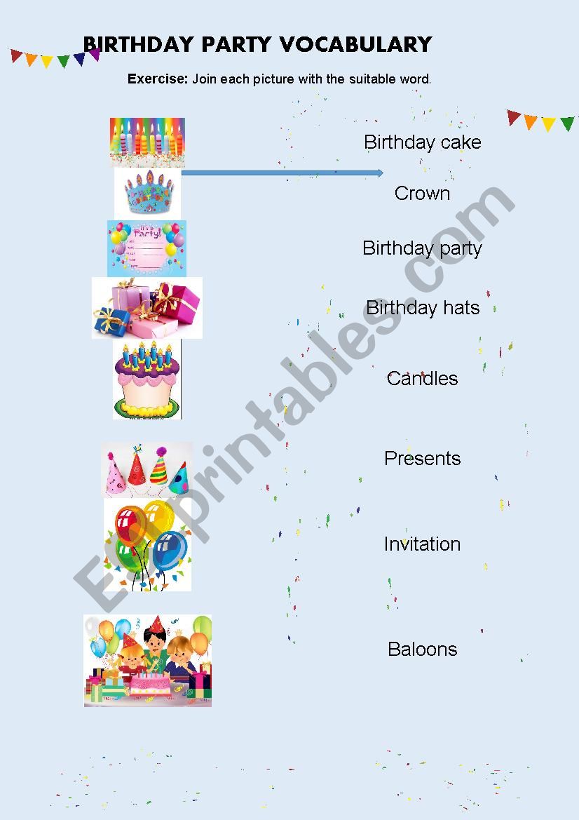 Bday party vocabulary match exercise
