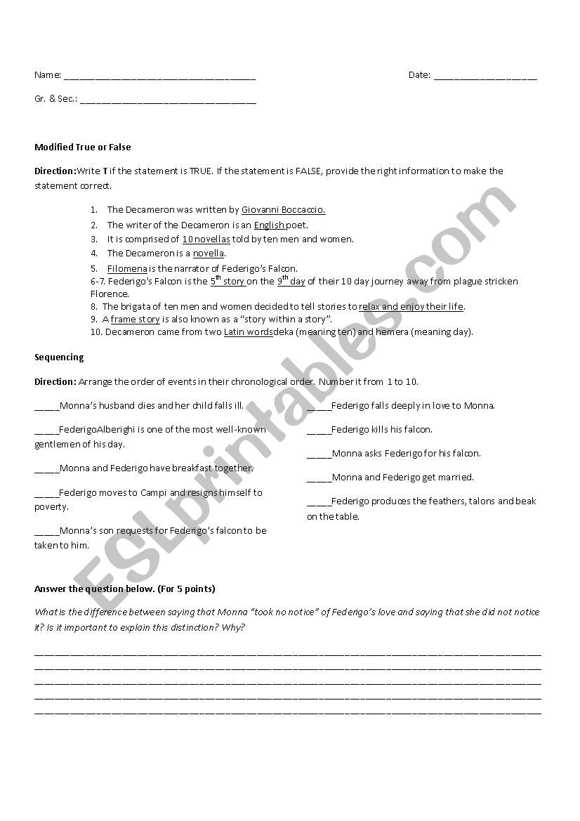 Federigos Falcon Worksheet worksheet