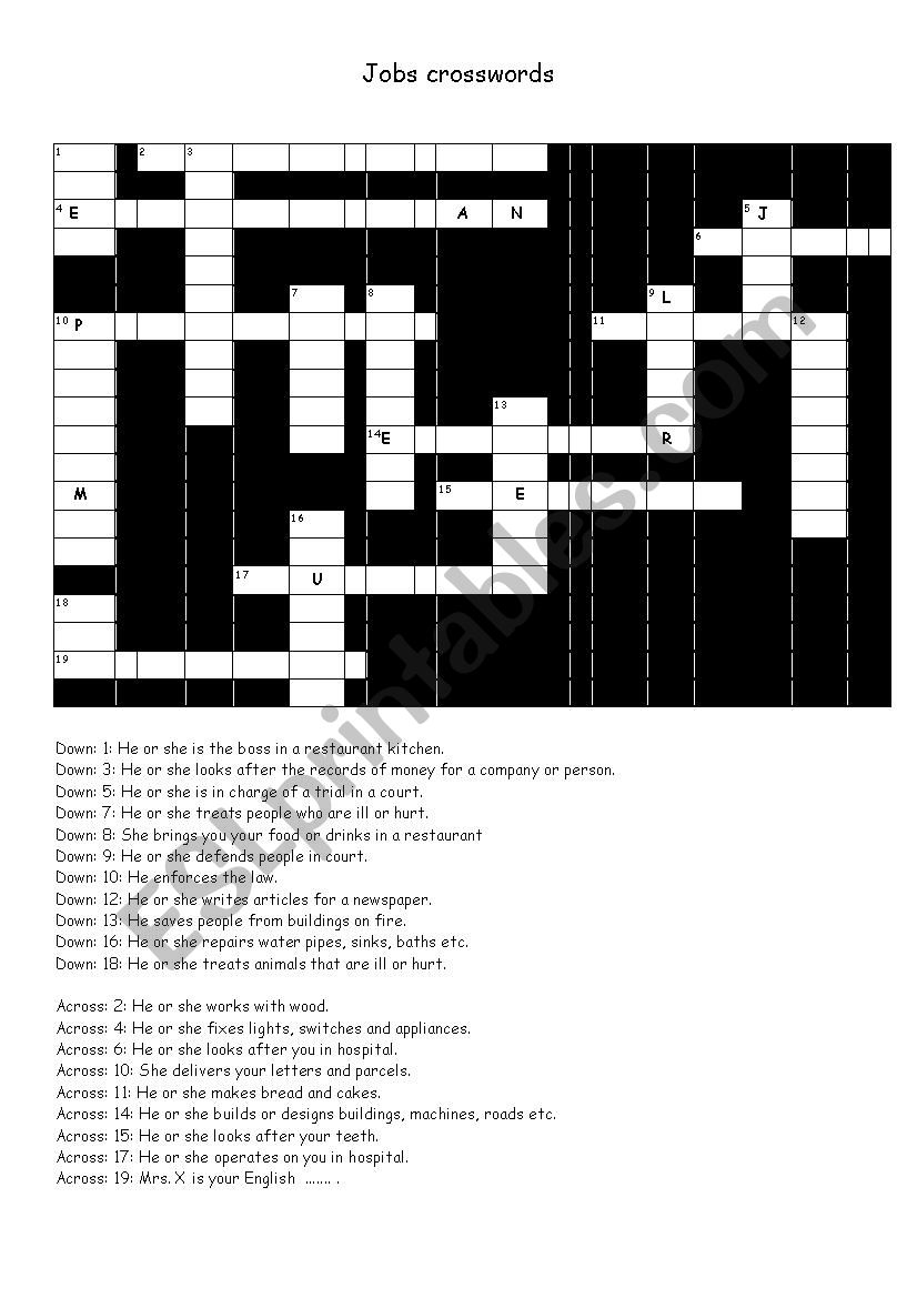 Jobs crosswords worksheet