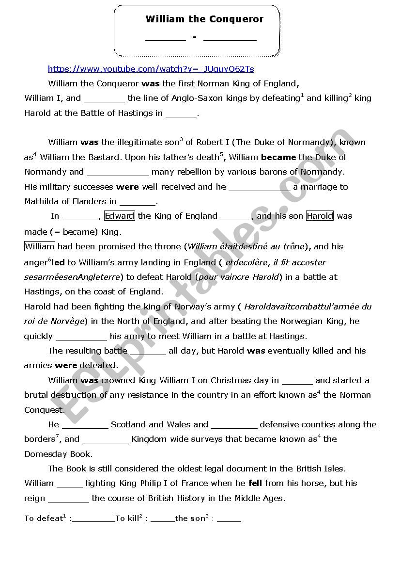 William the Conqueror  worksheet