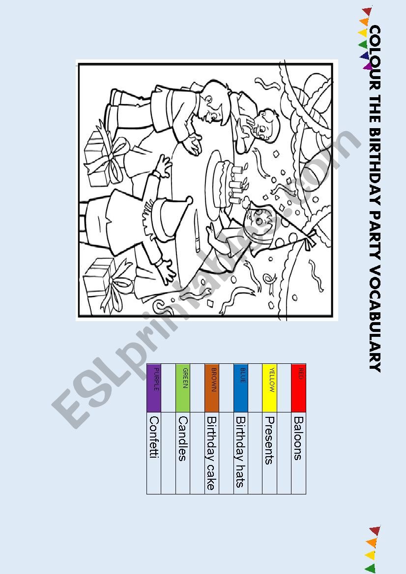 Bday party vocabulary coloring exercise