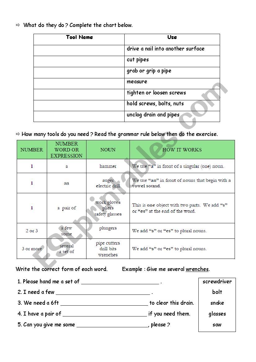 plumber - tools worksheet