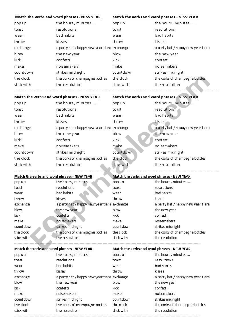 NEW YEAR - vocabulary match worksheet