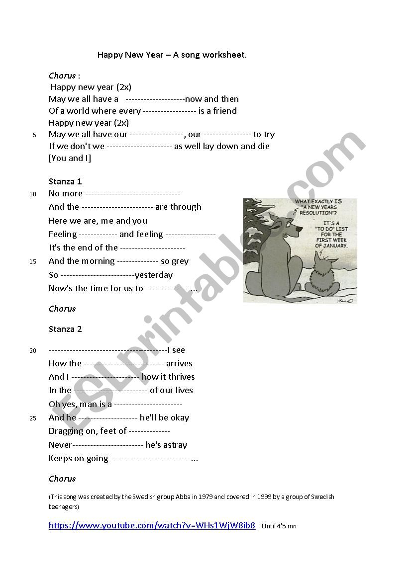 Song worksheet on Happy New Year (abba cover)