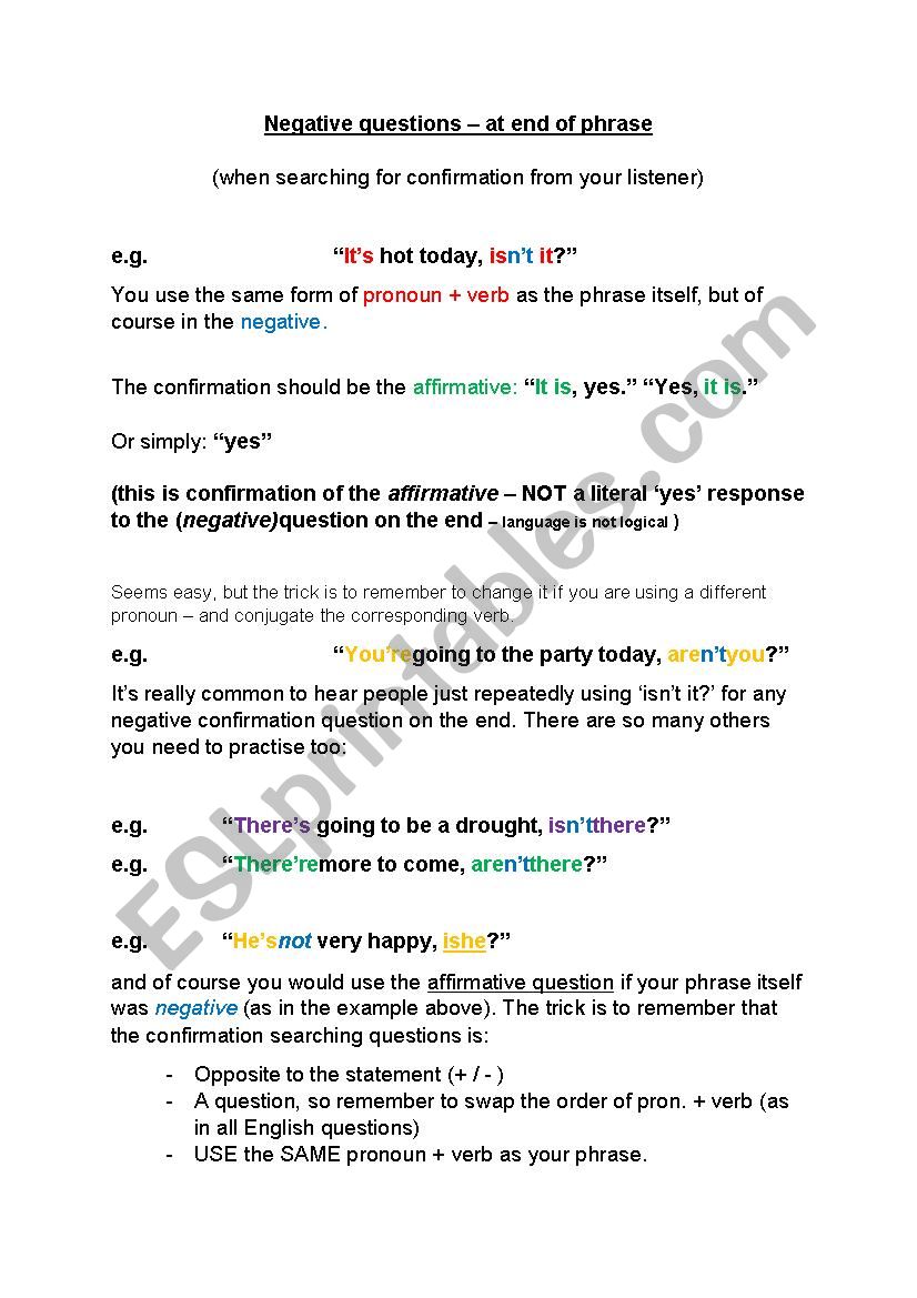 Negative questions worksheet