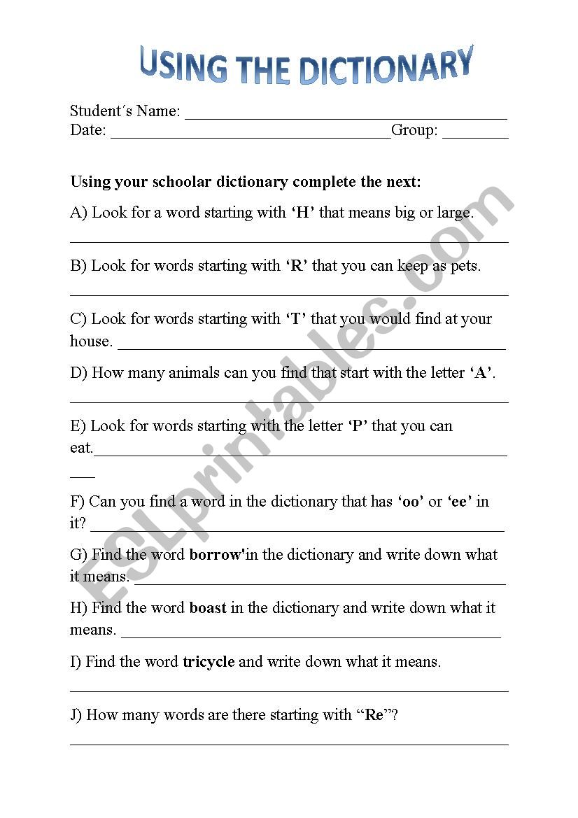 Using Bilingual Dictionary worksheet