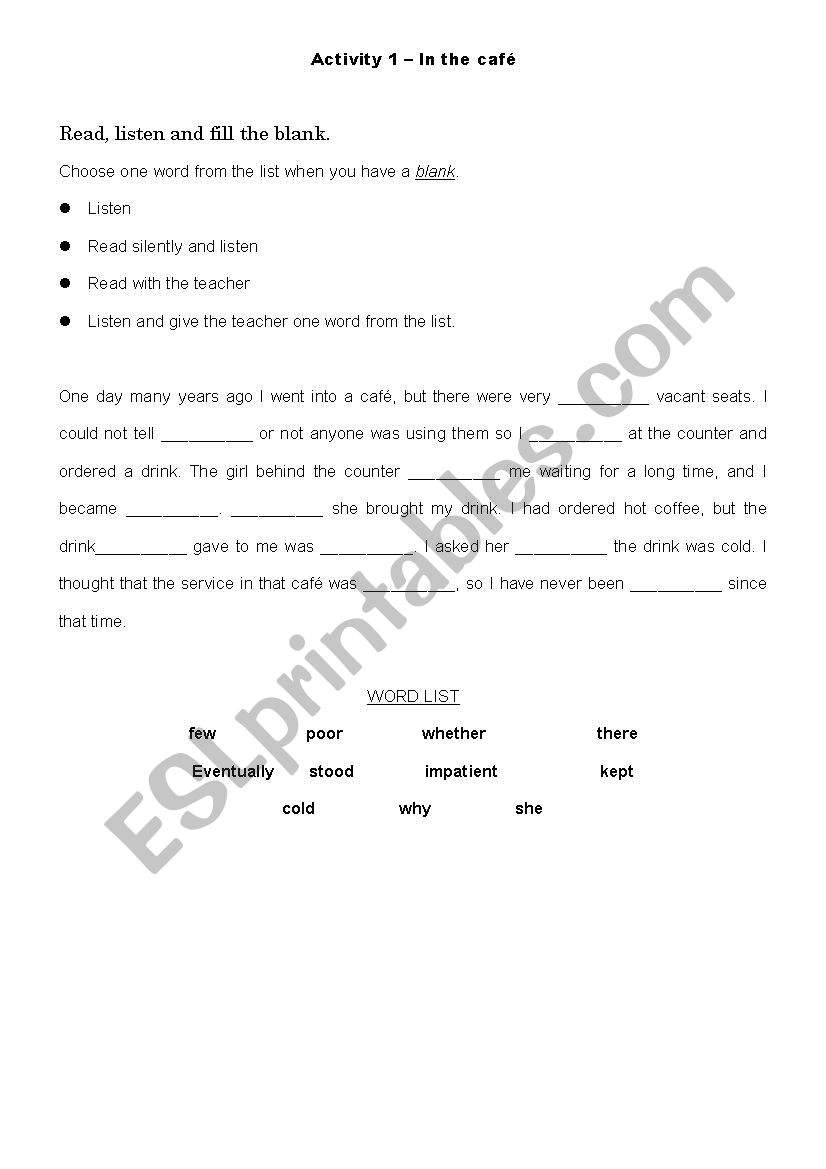 Short listening and reading comprehension with gapfill - Intermediate 1 & 2