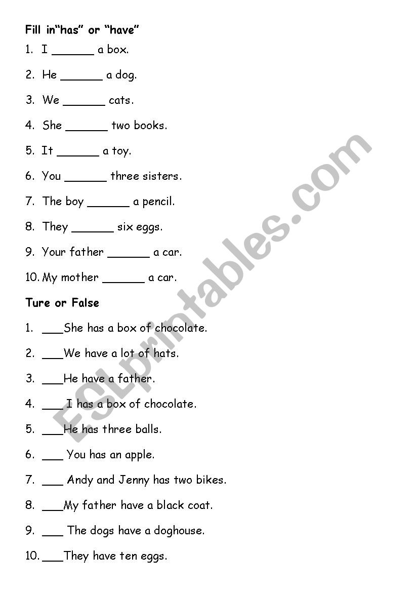 Has or Have worksheet