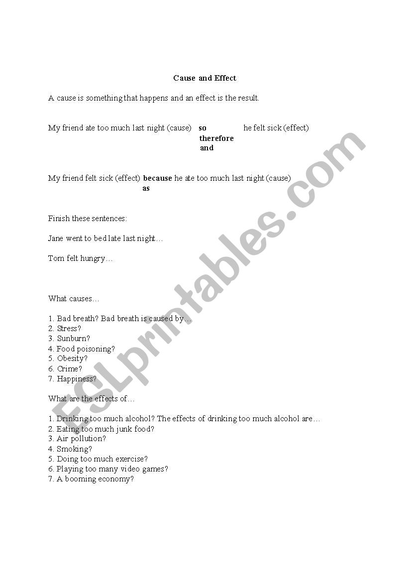 Cause and Effect worksheet