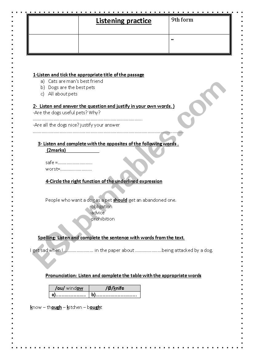 listening test worksheet