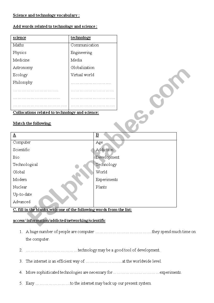 science and technology worksheet