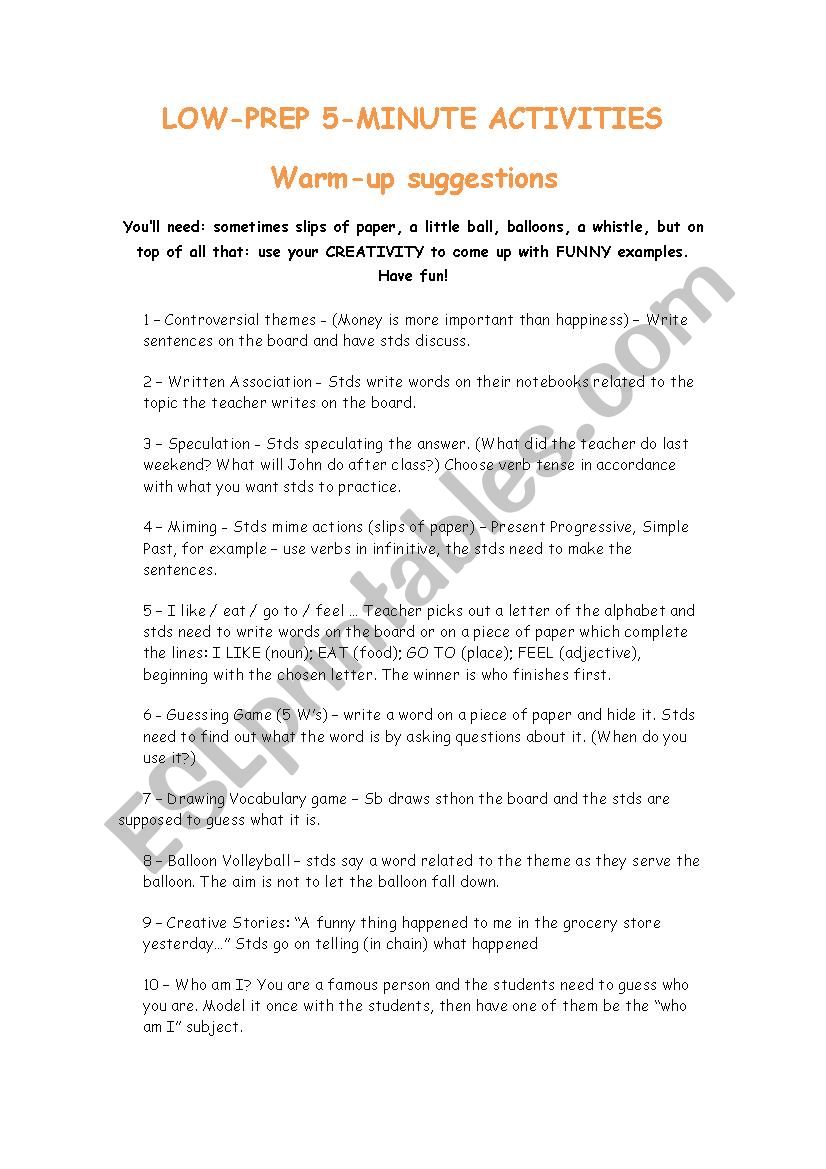 5-minute warm-up activities worksheet