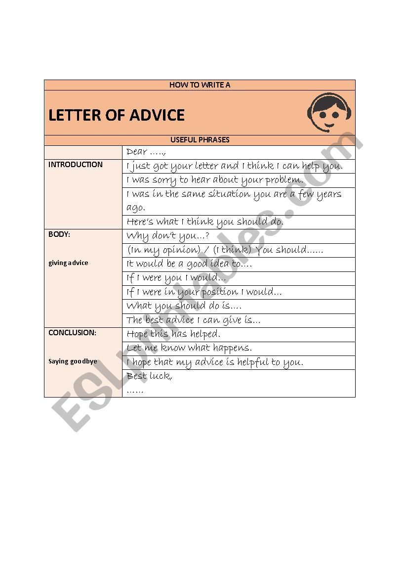 letter of advice worksheet