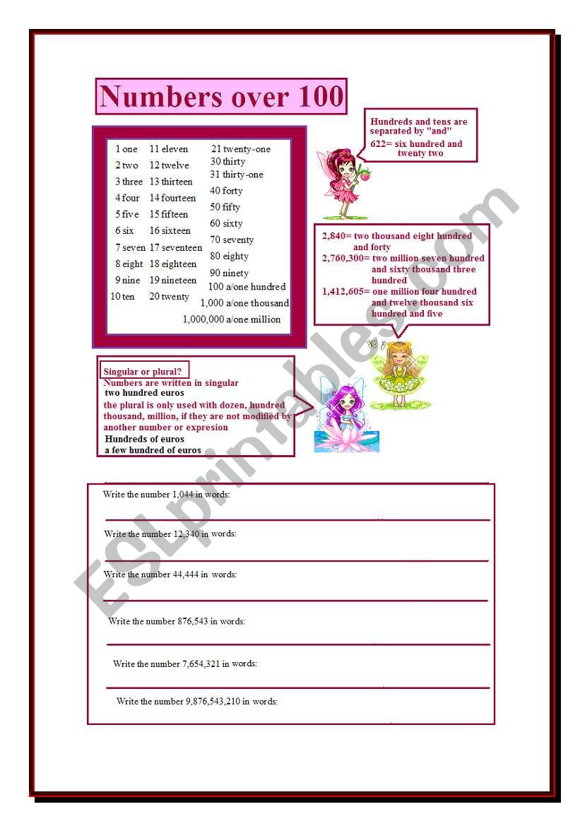 Numbers over 100 worksheet