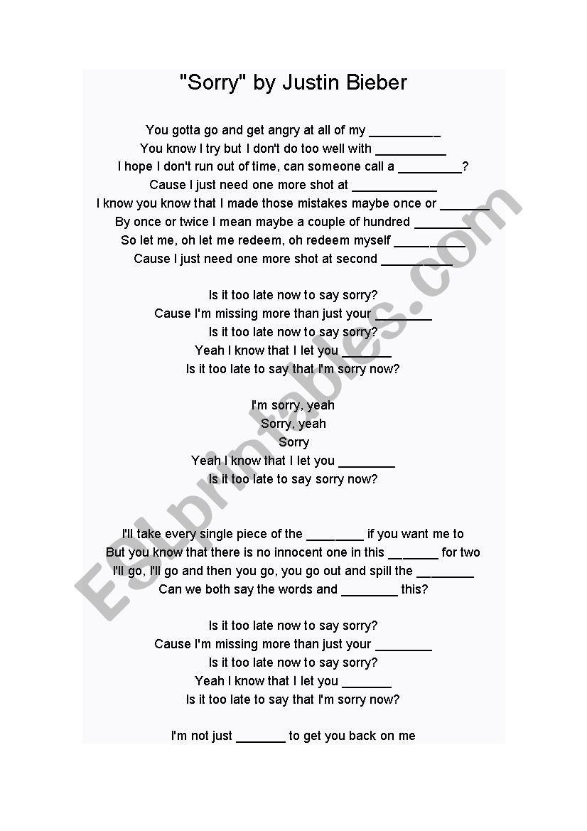 Sorry by Justin Bieber and Use of English exercise
