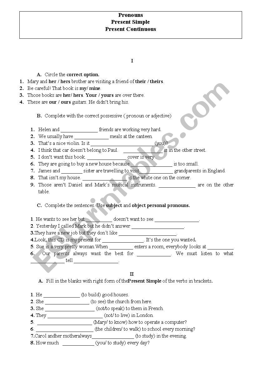 Pronouns Present Simple and Present Continuous