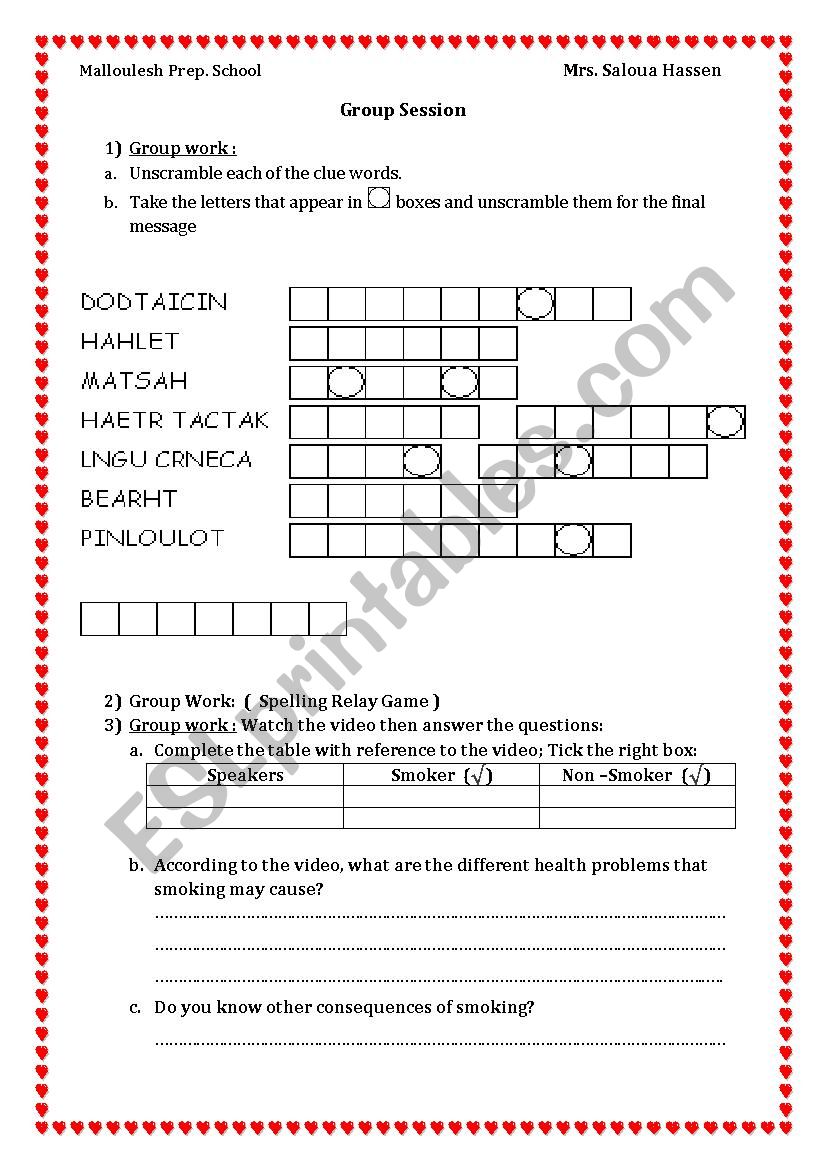 Smoking and Health 9th Form worksheet