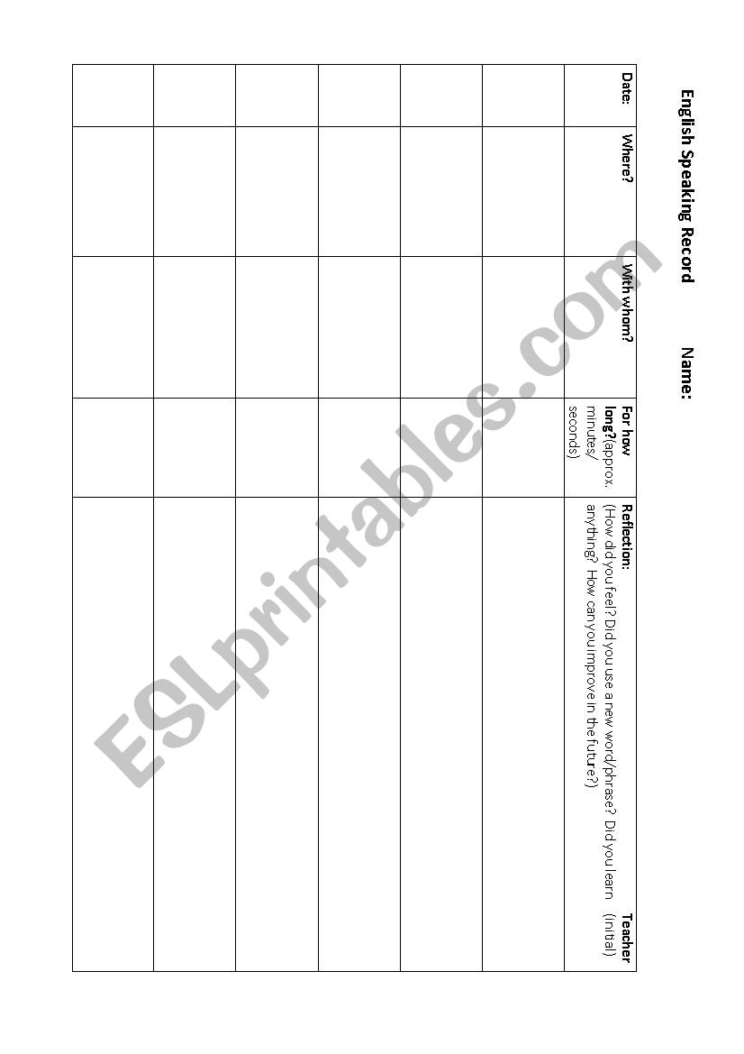 English Speaking Log worksheet