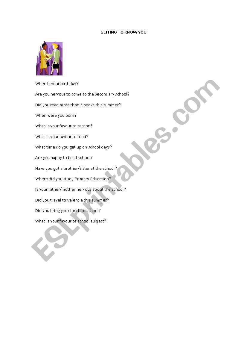 GETTING TO KNOW YOU worksheet