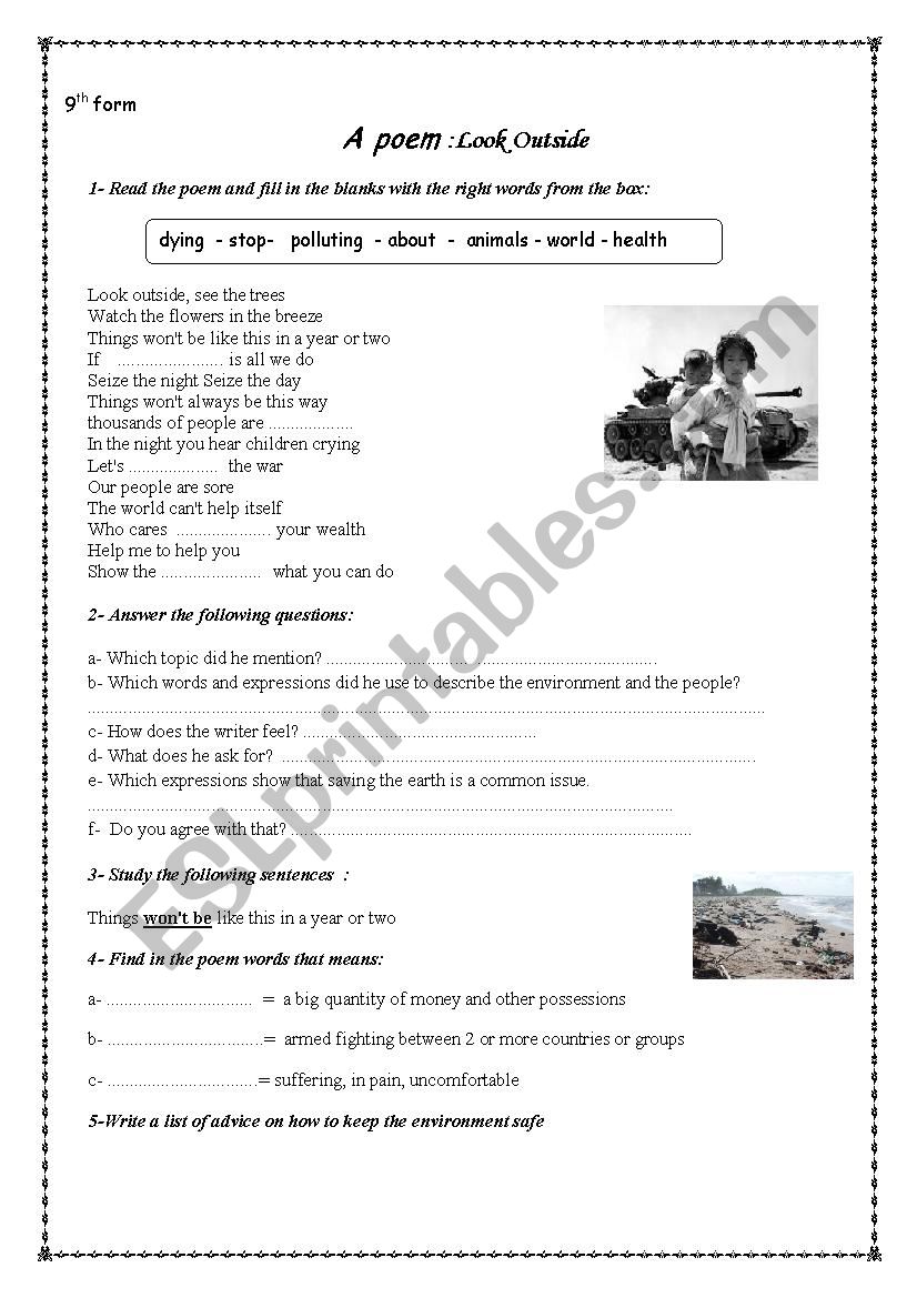 A poem about pollution worksheet