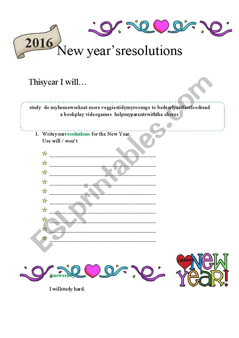 New Years resolutions  worksheet
