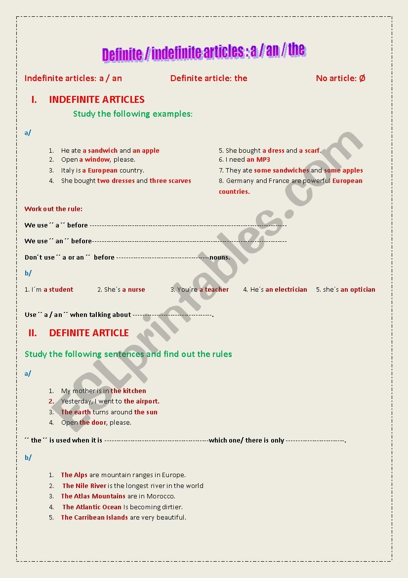 definite / indefinite articles