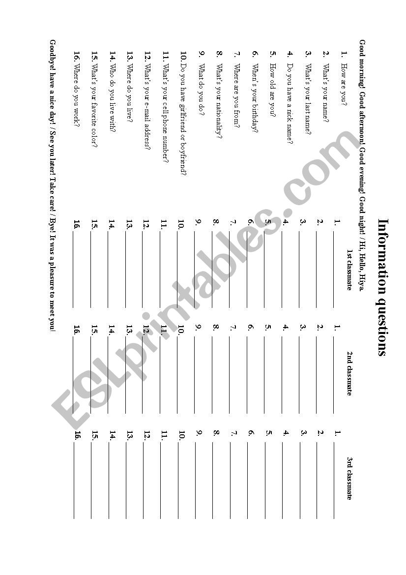 Basic Information Questions worksheet