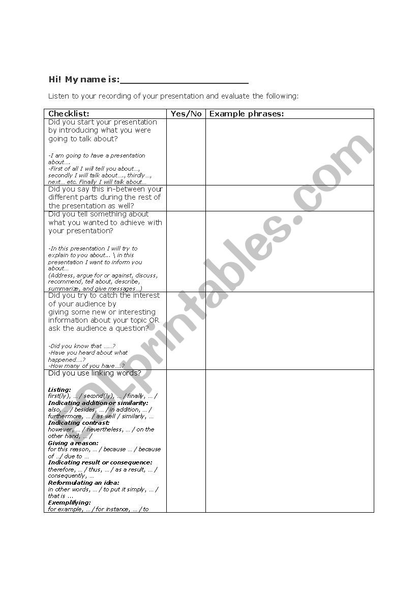 Self evaluation form on recorded presentations