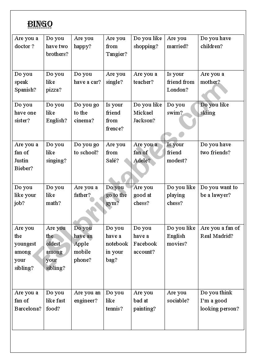 bingo worksheet