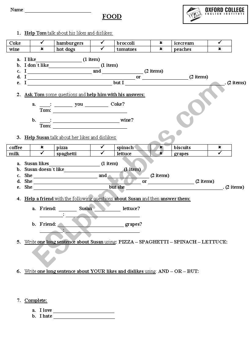 Food: likes and dislikes worksheet