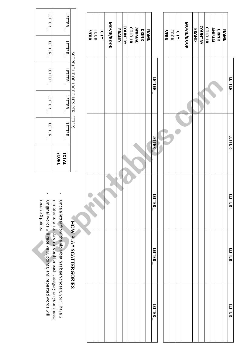 Scattergories  worksheet