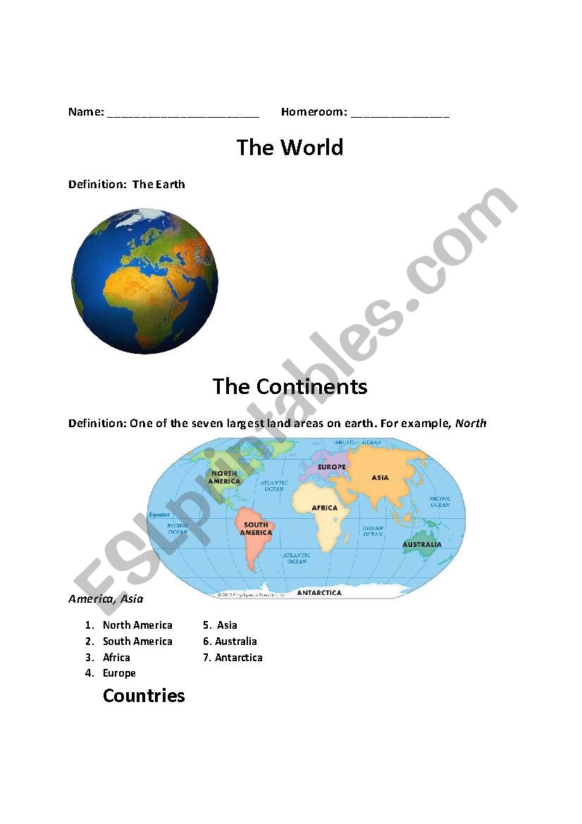 The World: continents, countries, cities