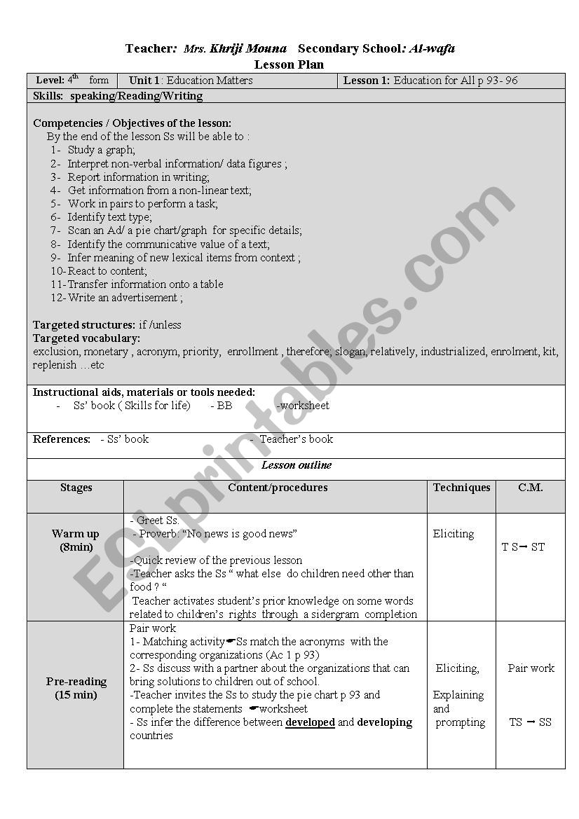 Lesson plan Education for all Lesson 2  4th form