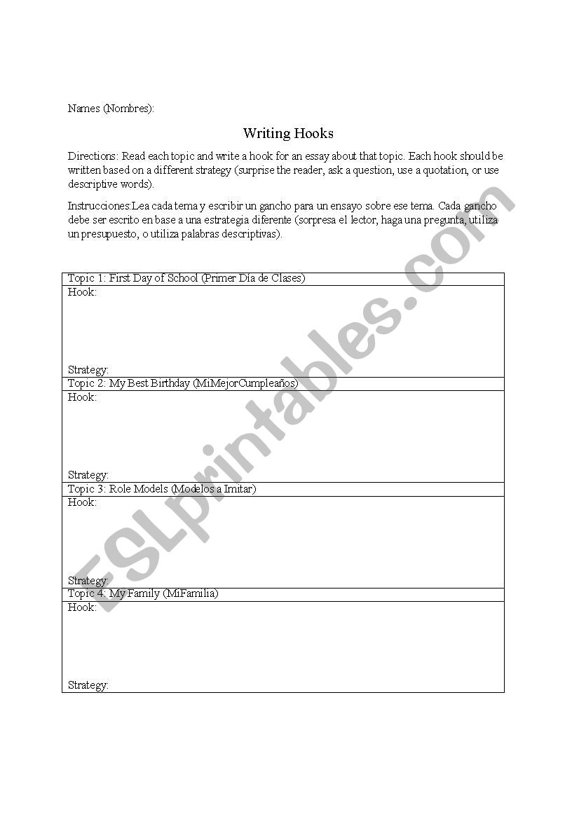 Writing Hooks worksheet