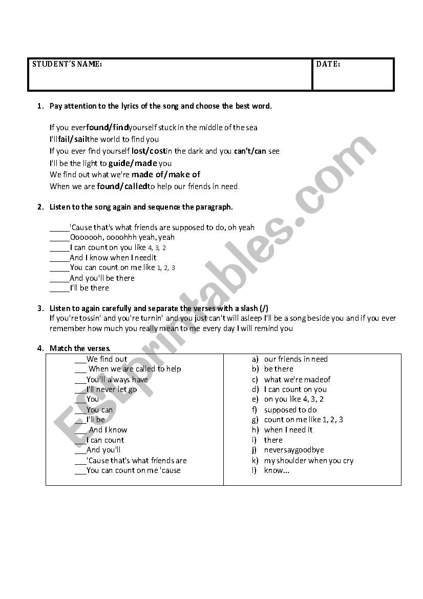 Worksheet on Bruno mars´ song, Count on me