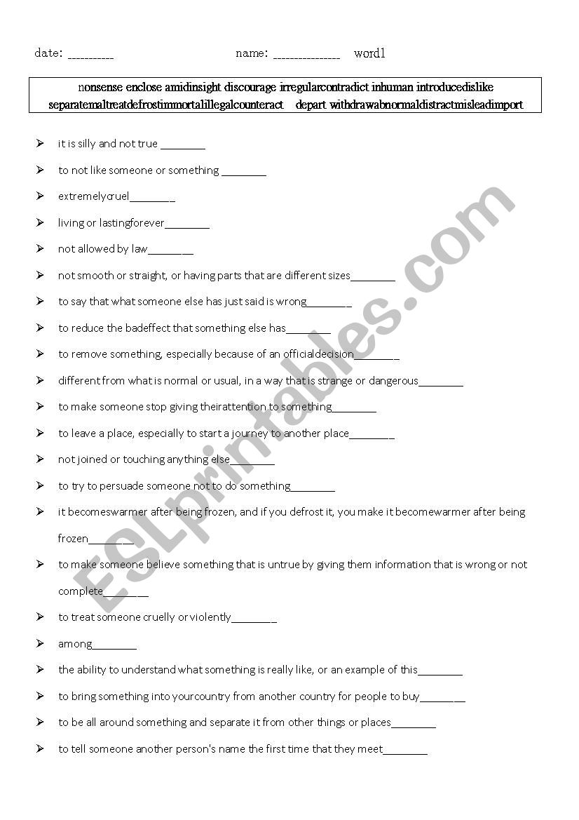 vocabulary/explanations worksheet