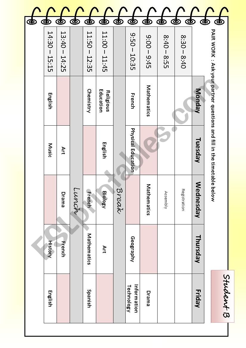 PairWork -School Timetable worksheet