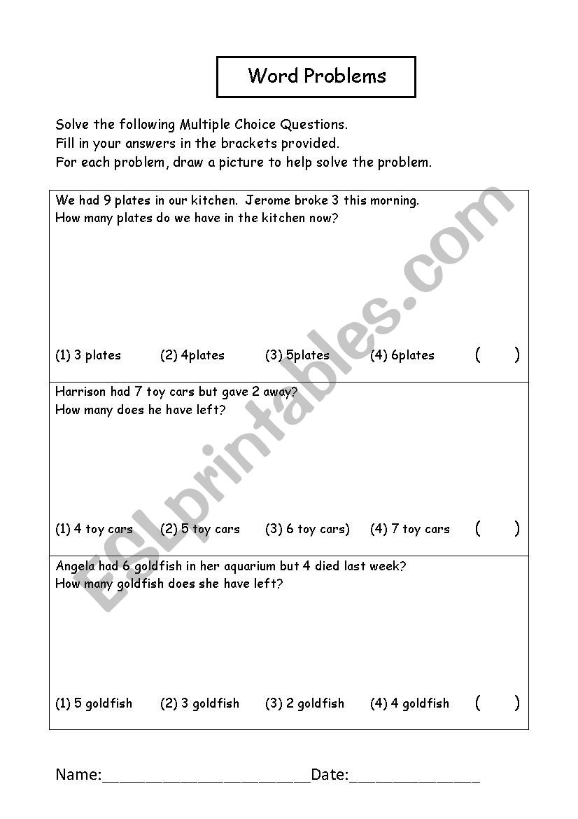 Word Problem - Subtraction worksheet