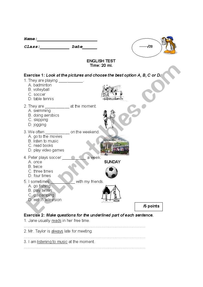 Test on Sports and Pastimes worksheet