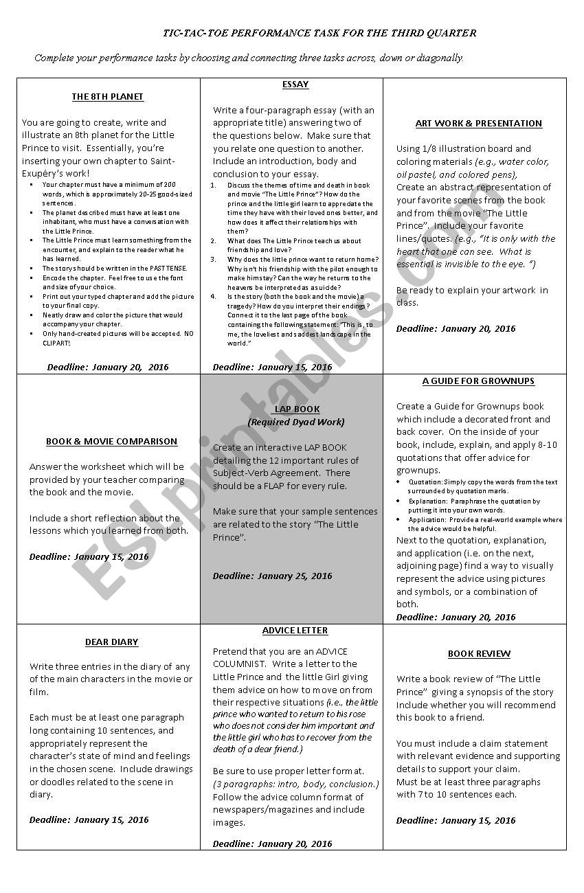 Sample Performance Task Menu (The Little Prince)